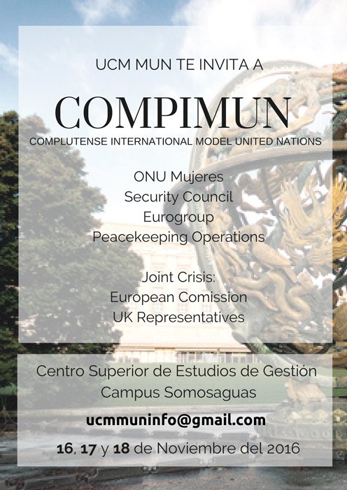 casaestudiante's tweet photo. Participa en #CompiMUN! Modelos de Naciones Unidas #MUN que asociación @UCM_MUN organiza en @UniComplutense https://t.co/gGob9kCzG3 https://t.co/3hLfOyWLNZ