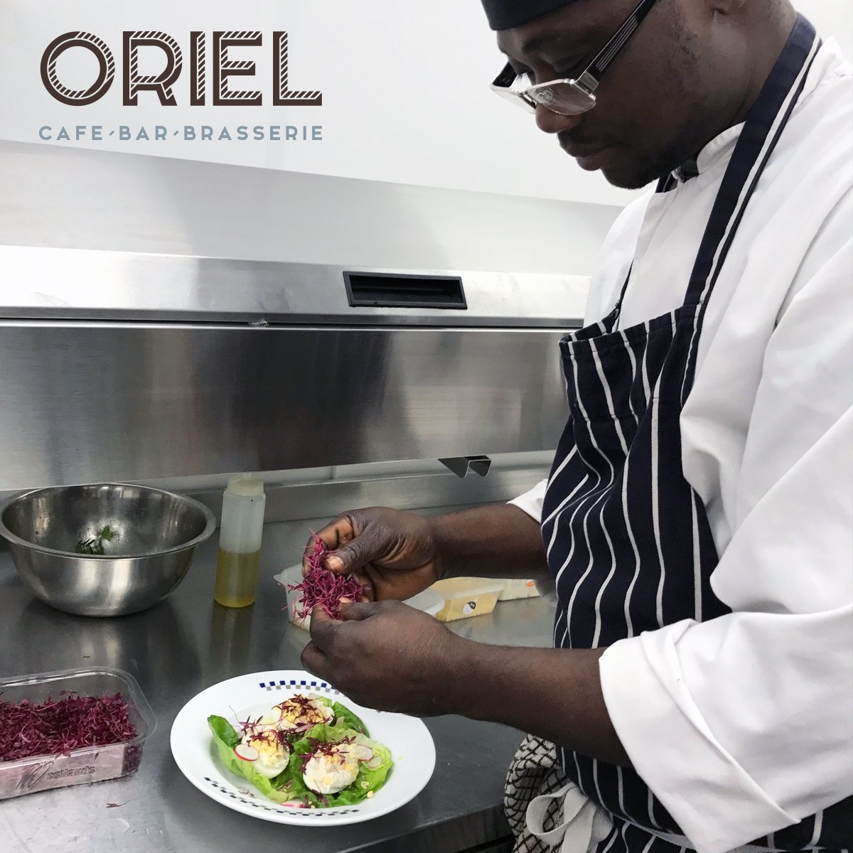 George busy preparing the perfect Eggs Mimosa &amp; Crab - Stuffed eggs, crab meat, mayonnaise, radish &amp; baby gem...Absolutely Delicious!