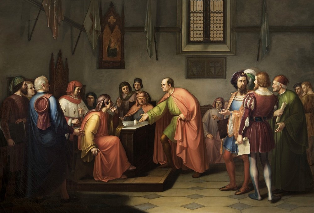 Da #Vasari: Giuseppe Fattori (1845) #Brunelleschi e la prova dell’uovo per la cupola del Duomo #Firenze #cupolaautoportante #IMedici <a href="/RaiUno/">Rai1</a>