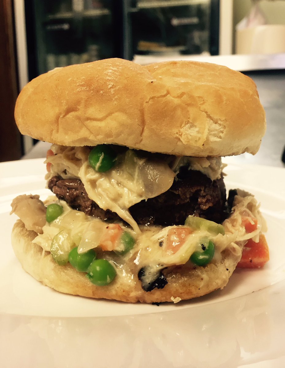 Warm up with a chicken pot pie burger on special today. #halfpriceburgers every Tuesday. #burger