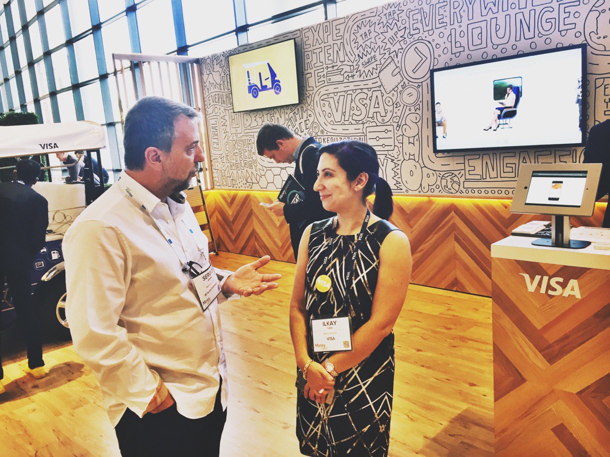onepocketnews's tweet image. #IATAI's Sergio Arana talks tech w/ @Visa's Ilkay Can. @VisaCheckout powers #onepocket, IATAI's mobile/digital payment method @Money2020