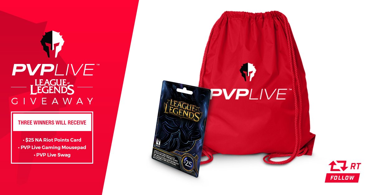 PVPLive's tweet photo. RT &amp; Follow!
THREE lucky followers will cash in $25 worth of Riot Points!
Enter Our #LeagueOfLegends #giveaway here: https://t.co/Y9F6YLnfDU https://t.co/T6jKoMshVW