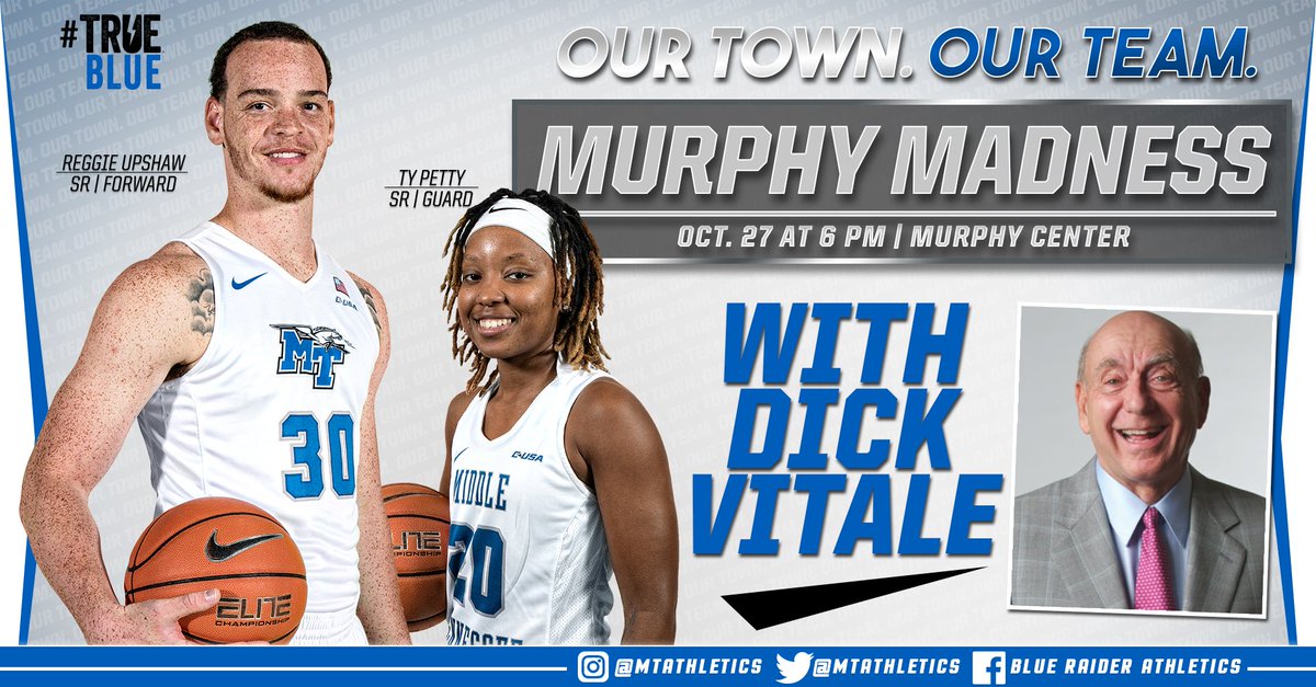 MTAthletics's tweet photo. #MurphyMadness is Thursday! Don't miss the chance to see the #BlueRaiders and @DickieV! https://t.co/MvzFrxkGmK