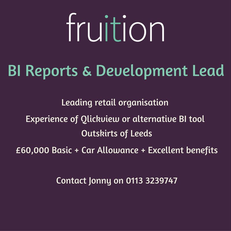 Fruition_IT's tweet photo. NEW BI DEVELOPMENT LEAD ROLE |£60,000 + CAR | Leeds City Centre | #Qlickview #Businessintelligence https://t.co/R1WgSYcH3a https://t.co/zDbFOi590j
