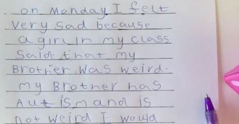 centerforautism's tweet photo. 6-year-old’s letter responding to someone calling her #autistic brother ‘weird’ is wise beyond its years. 
Read: https://t.co/zUaEiSqThp https://t.co/A7EIfv5STE