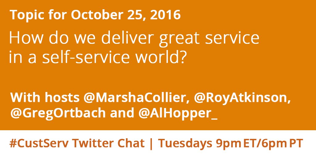 ImMarkBernhardt's tweet image. Join co-hosts @MarshaCollier, @RoyAtkinson, @GregOrtbach &amp;amp; @AlHopper_ at 9pm ET / 6pm PT tonight for the #CustServ Twitter chat.