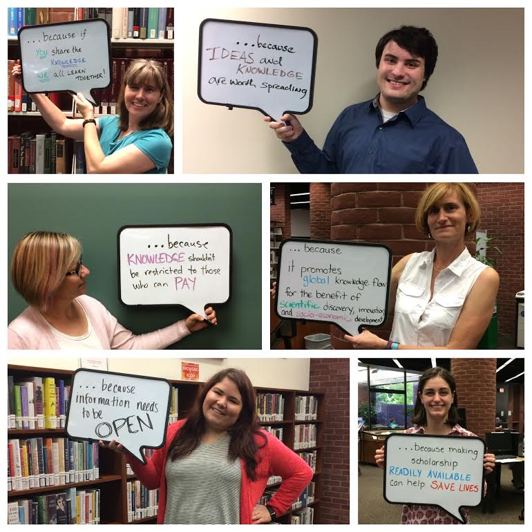 Library staff hold white boards that answer the question: "Why does Musselman Library support open access scholarship?"