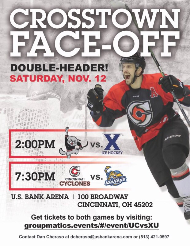 UCIceHockey's tweet photo. Crosstown Face-off at US Bank Arena! UC vs XU and Cyclones vs Walleye November 12. Tickets on sale https://t.co/VDkk2K6M5a