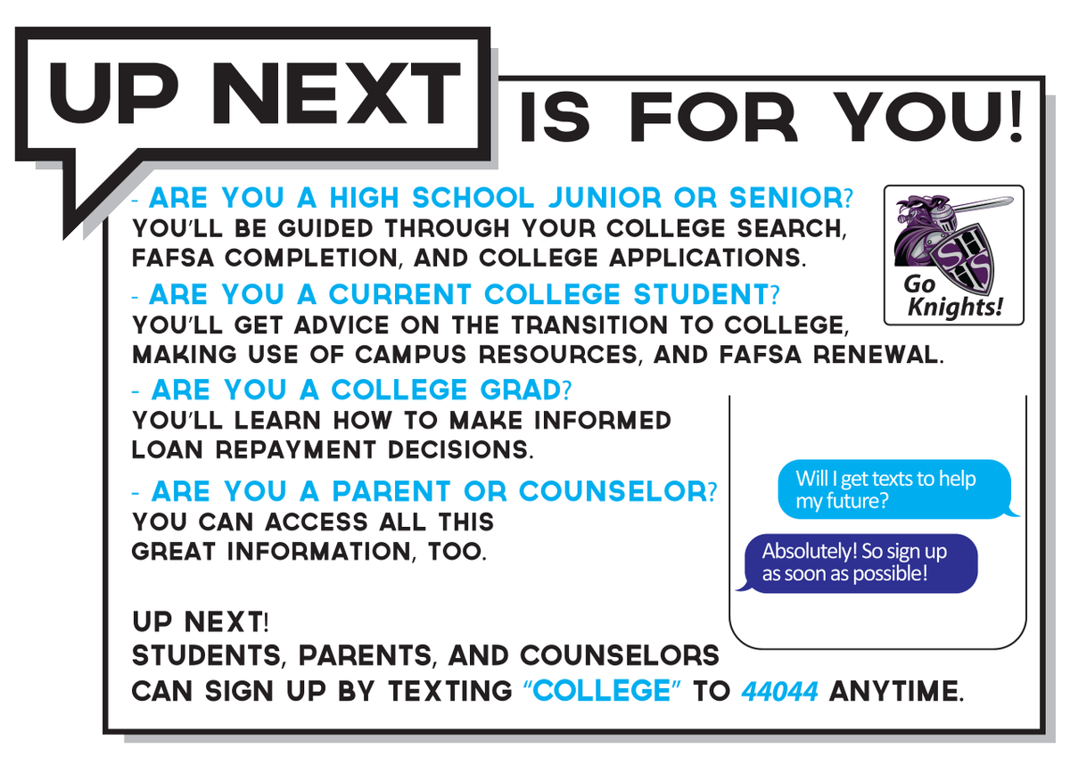 ShadowHillsCTE's tweet photo. Get guidance for college and financial aid, sponsored by the White House! Sign up! #bettermakeroom #knightsdoitright #knightsgotocollege https://t.co/D6NBUmvxL9