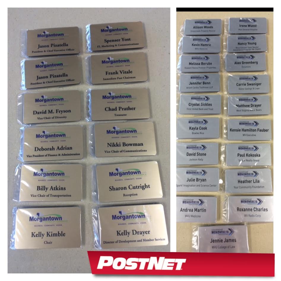 PostNetMotown's tweet image. Here are some name tags we just finished up! Come see us at the Evansdale Crossing Building on the 3rd floor and we can help you with yours!