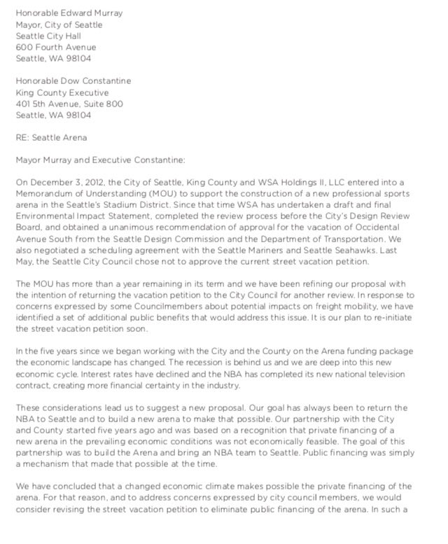 jonhumbert's tweet photo. JUST IN: #seattlearena blockbuster. Chris Hansen will now privately finance the building in order to get Occidental St vacated. Game changer https://t.co/3LwFDEzkEZ