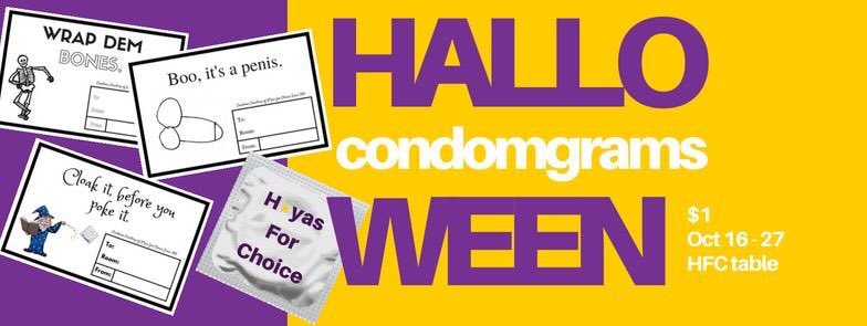 HyasForChoice's tweet photo. There's nothing ~spooky~ about safe sex ๐๐
#Condomgrams are $1 at the HFC table in Red Square until October 27! https://t.co/gFgn0jhZuL