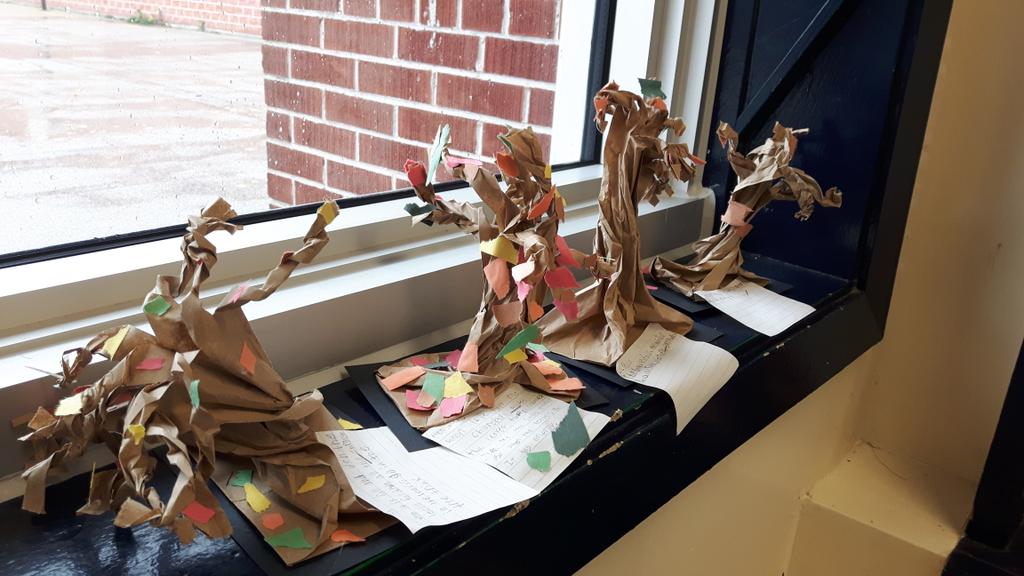 Gr 3s learning about leaves changing colour and making their own fall trees! @pinerivers