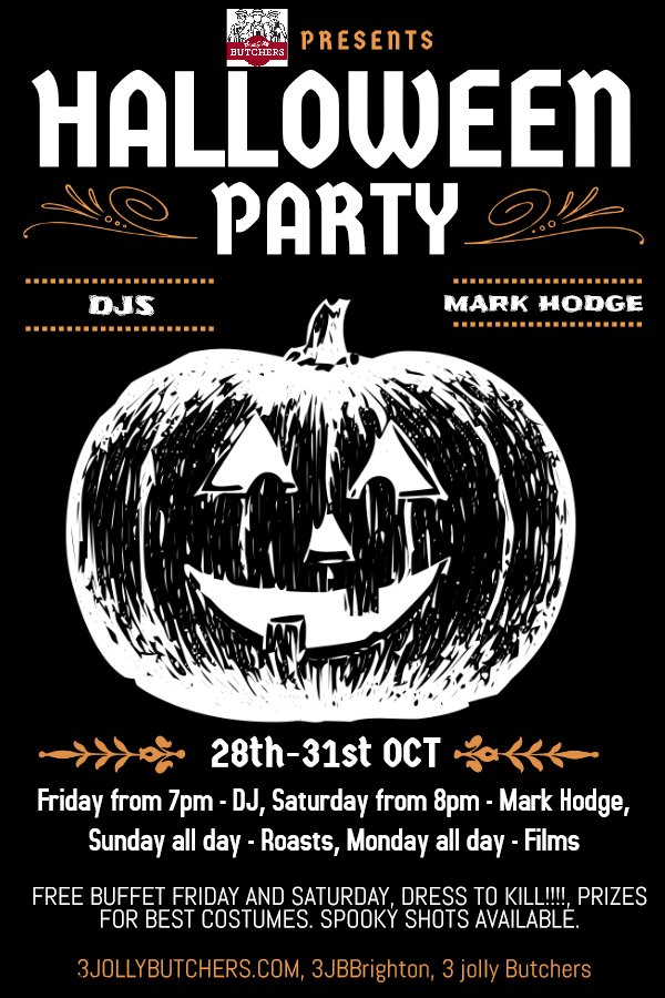 Celebrate Halloween with us this October with a Party, Free Buffet, DJ and prizes for best dressed!
#halloween #party #jolly #butchers #fun
