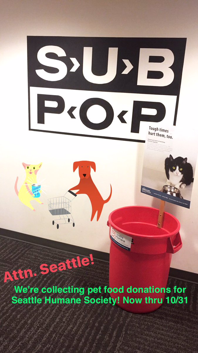 subpop's tweet photo. Bring out yr (canned) goods! #SubPop HQ is a donation drop-off point for @SeattleHumane, now thru 10/31! https://t.co/Lj4dDULEg1