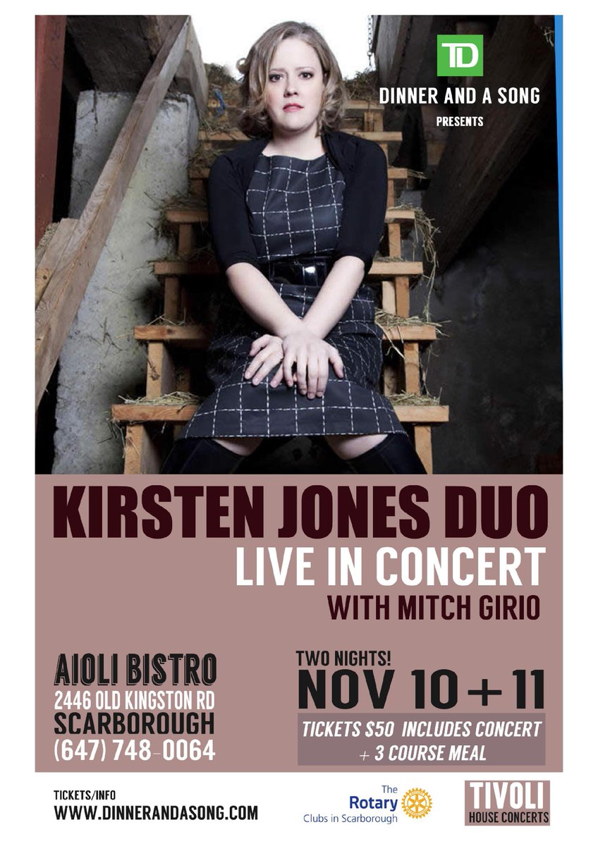 Dinr&amp;Shw$50 <a href="/kjonesmusic/">Kirsten Jones</a> <a href="/AioliBistro/">Aioli Bistro Toronto</a> Nov10&amp;11 #ScarbTo <a href="/CBCBigCity/">Big City Small World</a> @WeAreBirchCliff <a href="/RenewScarboro/">Renew Scarborough</a> @Teresa_Kelly