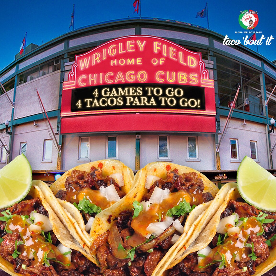 LosComales's tweet photo. No better day to #FlyTheW than on 99¢ TACO TUESDAY...4 games to go, 4 TACOS para To Go!
#11MeatOptions #WorldSeries #Cubs #TacoBoutIt https://t.co/6CDMUIcCJb