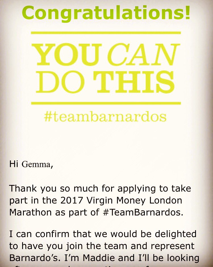 Gemmsi_lou's tweet photo. So this happened today! I'm so excited to be running and raising money for @barnardos #Londonmarathon #runner #trainingagain https://t.co/NpF6I7OPqq