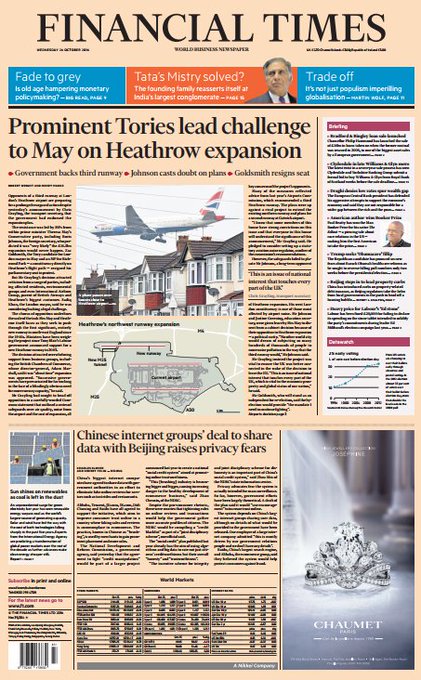 FINANCIAL TIMES FRONT PAGE: Prominent Tories lead challenge to May on Heathrow expansion #skypapers https://t.co/UF6xGwCqUo