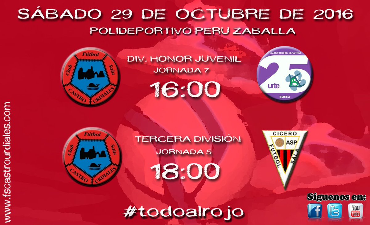 CFS_Castro's tweet photo. Sesión continua del mejor fútbol sala en el Peru Zaballa el sábado por la tarde. Nos visitan @LAUBURUKEIBARRA y @CiceroFutSal. #todoalrojo https://t.co/yTl45UcZGO