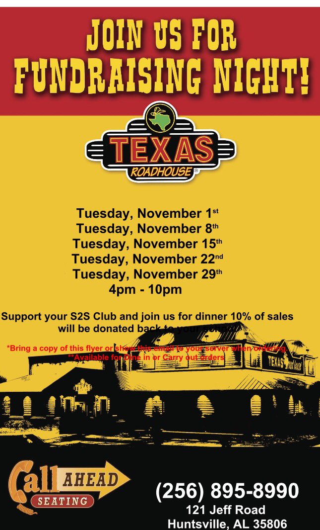 jamesclemenss2s's tweet photo. Fundraising Night at Texas Roadhouse!! Join on these days and show this picture or a flyer and we will gain 10% of sales towards S2S!! https://t.co/qhqTvnK1En