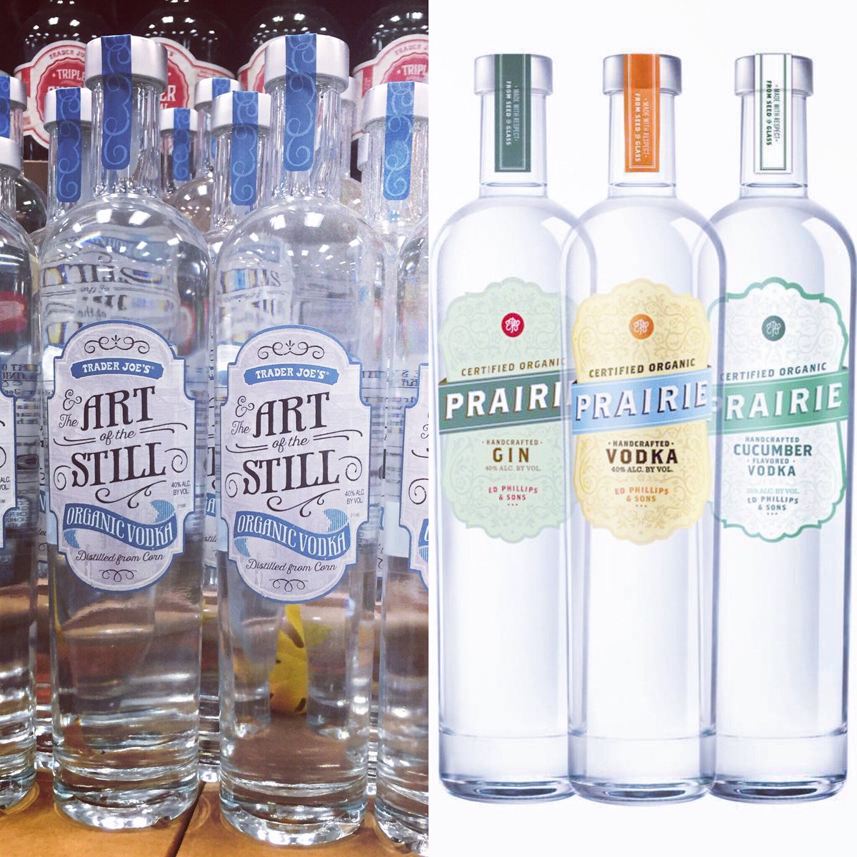 Sometimes the source of #TraderJoes' private label products is obvious. See any similarities between TJ's #vodka &amp; <a href="/prairieorganic/">Prairie Organic</a> spirits?