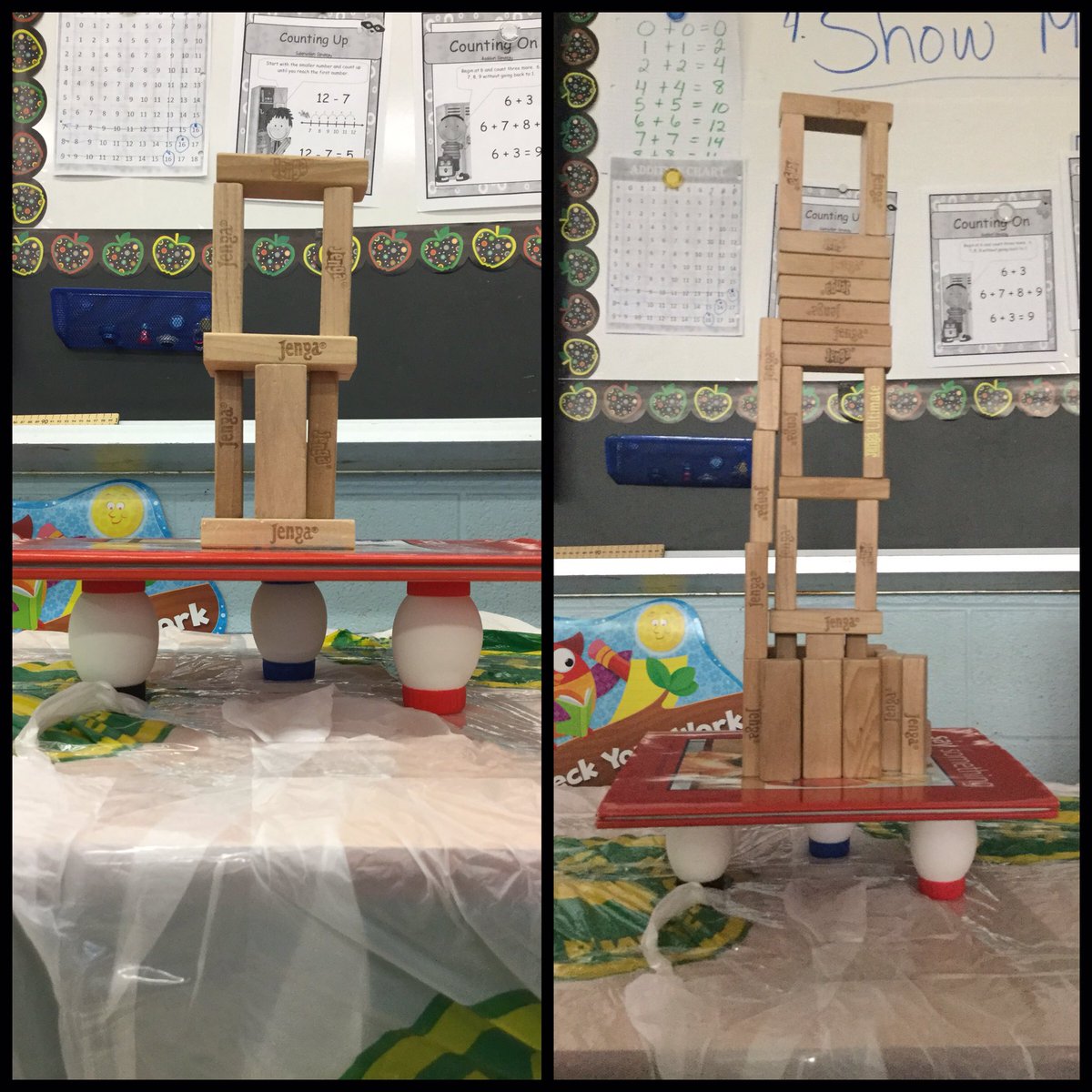 Mskchua's tweet photo. An egg is a structure. Today's experiment: We placed the eggs in a triangle position & added jenga blocks. #yorkutc #blessedtrinityCS #tcdsb https://t.co/lOr6FUJgb3