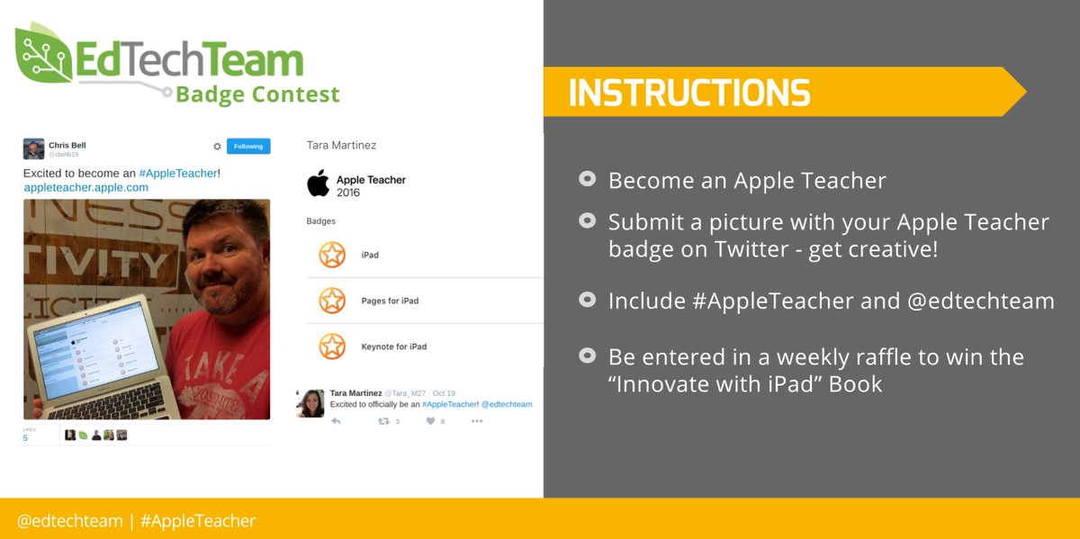 edtechteam's tweet photo. Let's do this! Share your #AppleTeacher badge with @edtechteam for a chance to win prizes every Friday! @iTunesU #ipadedchat https://t.co/eBXPuYSByU