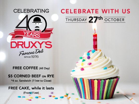Druxys's tweet photo. Celebrate DRUXY’S 40th Anniversary with us this Thurs. Oct. 27 at our 42 delis. Free coffee, $5 Corned Beef and cake! https://t.co/jTwh0RBHDw