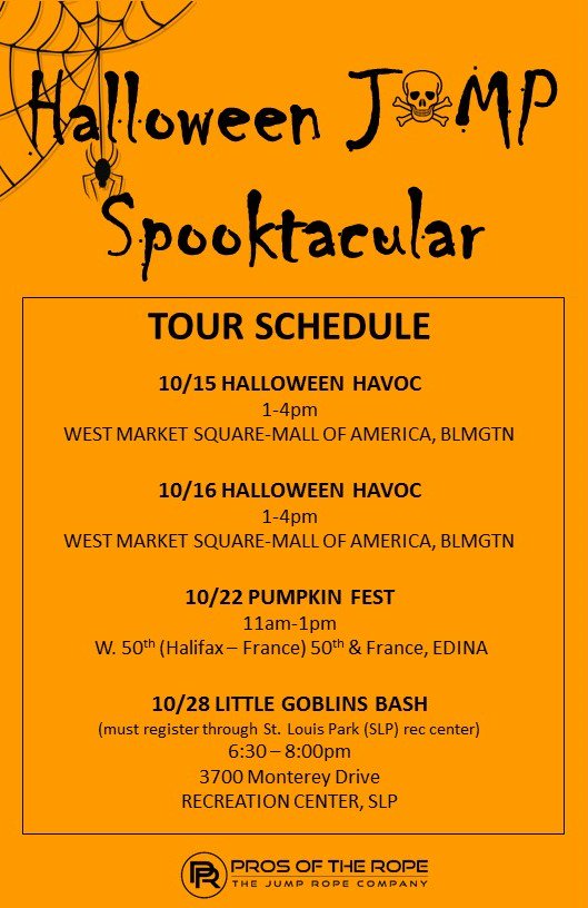 ProsoftheRope's tweet photo. TRICK OR GET JUMP'D at the Little Goblins Bash at the St. Louis Park Rec. Center. https://t.co/kY77ERwsur