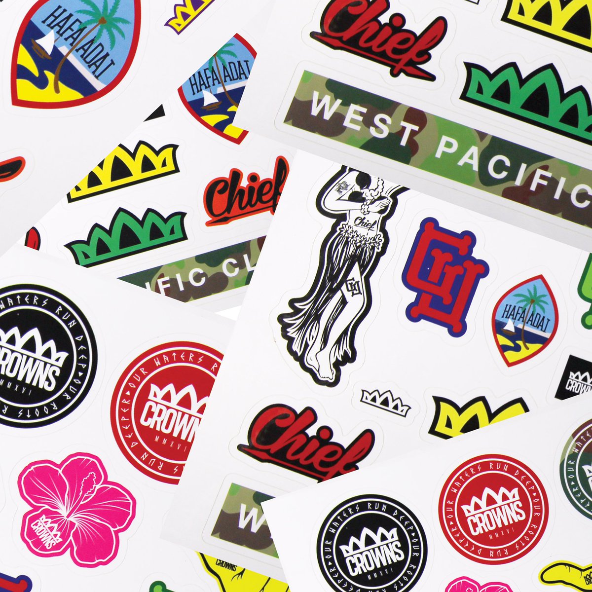 STICKER PACK SHEET ($15) Available online and in-store. #crownsguam #stickers #stickerpack #stickergiant #slaps #guam