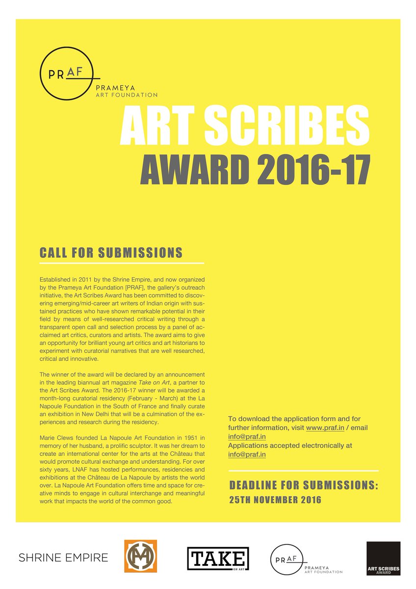 TAKE is proud to be associated once again with the #artscribesaward, organized by the #prameyaartfoundation #takewriting #criticalwriting