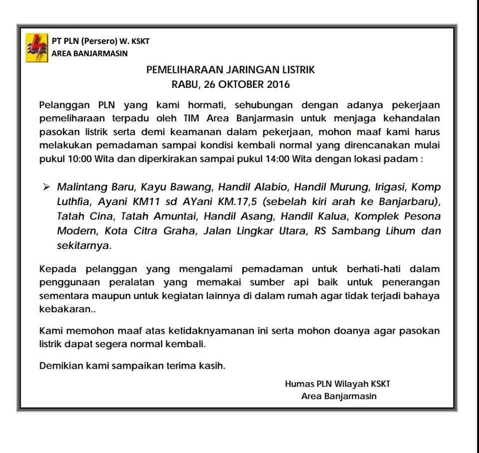 bjmUpdate's tweet photo. #infoBJM info pemadaman listrik 26 Okt 2016 https://t.co/lqjAD0MfGi
