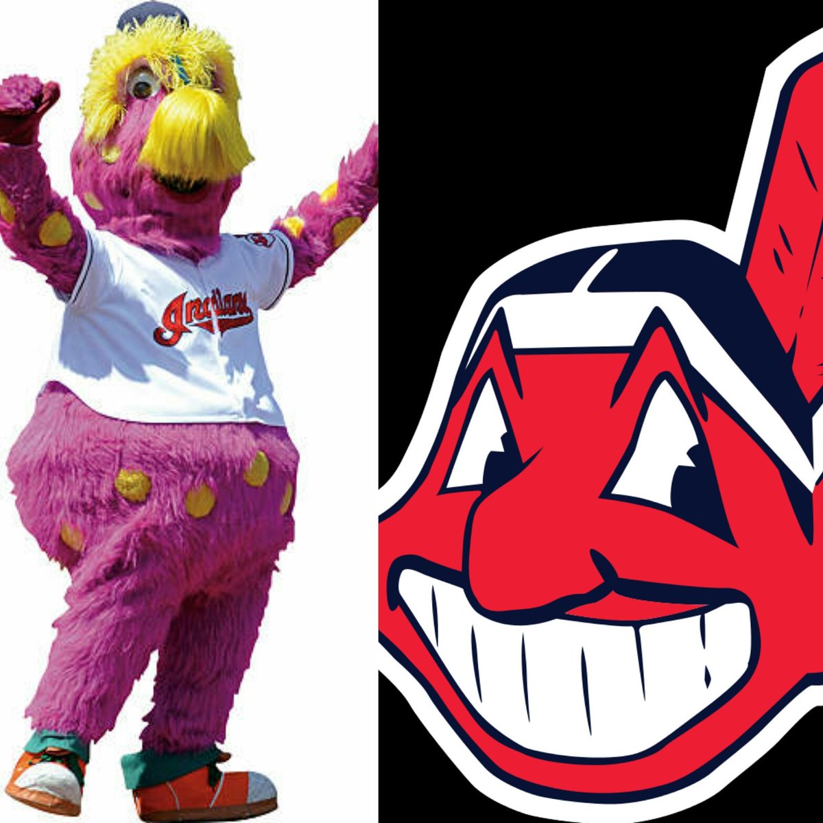 Carey Newman - Hayalthkin'geme on X: Slider the mascot left, Chief Wahoo  right. One a racist caricature, one a fluffy pink distraction.  #NotYourMascot @Craig18578  / X