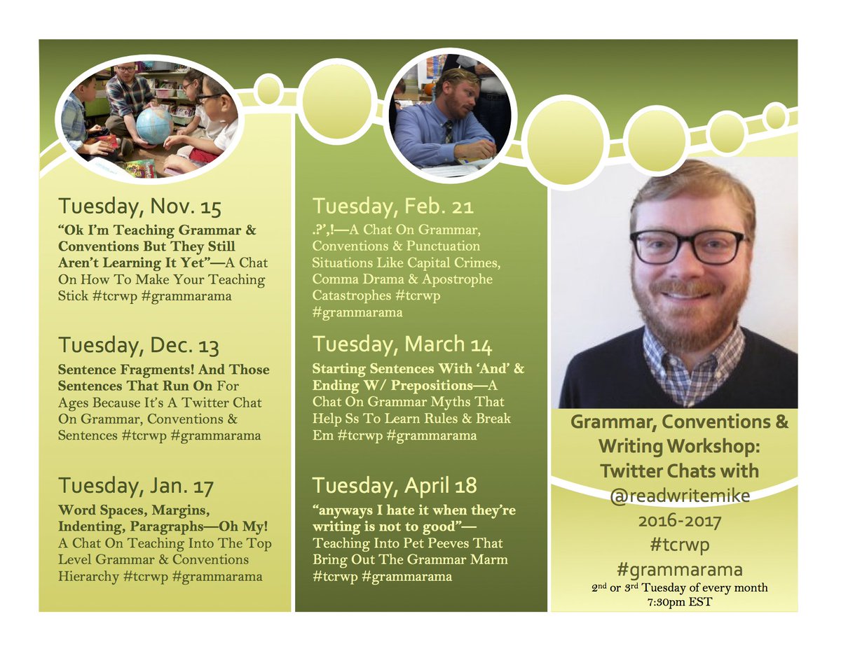 Join me Tuesday, Nov 15 for another #grammarama chat on how to make your grammar &amp; conventions teaching stick! #tcrwp