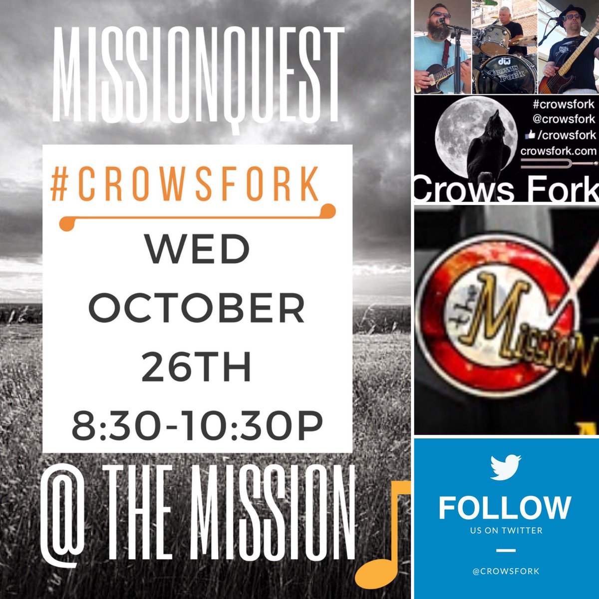 CrowsFork's tweet image. Come catch a diverse 2hr set of #crowsfork #band live this Wed Nite 10/26 8:30p @themissionjc  #missionquest #humpday #jcmo #rock #country