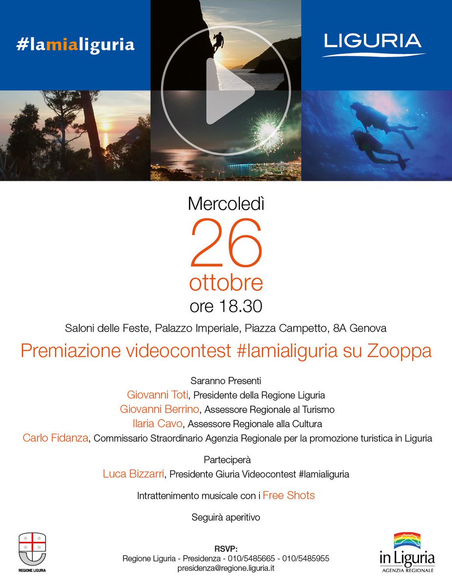 lamialiguria's tweet photo. Stasera alle 18.30 premieremo i vincitori del VideoContest #lamialiguria!!A #Genova, @ Saloni delle Feste,Piazza Campetto 8A! Vi aspettiamo! https://t.co/6rCCcgyDaR