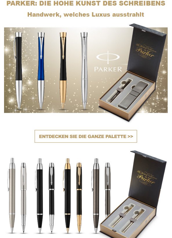 WerbeDirect's tweet image. Jetzt wird es Zeit über #Weihnachtsgeschenke nachzudenken, wie wäre es mit #Schreibegräte von #Parker #Waterman ?
mailings.roster-werbemittel.de/m/6665484/