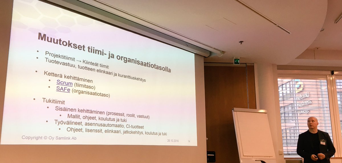 VeikkoNokkala's tweet photo. Muutokset #organisaatio ja #tiimi tasolla - muistakaa #Johdontuki! #Scrum #SAFe #DevOps #DevOps16 @Samlink_Oy https://t.co/BRLi8Hs1gg