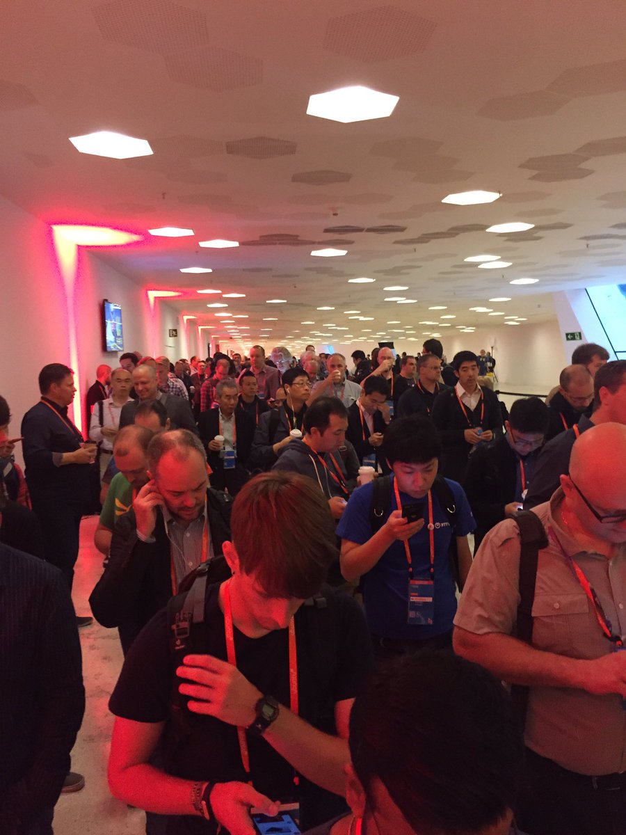 JCMEsq's tweet photo. Mobile zombies? Nope. Stackers waiting for Day 2 keynotes at #OpenStackSummit https://t.co/bwzuAOEbNq
