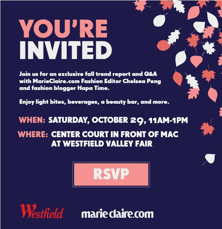 hapatime's tweet photo. Join me this Sat. Oct. 29th @westfieldvf 11am-1pm for an exclusive fashion trend report w/@marieclaire! See you there! #FallforWestfield #ad https://t.co/Oxd9YvmvC9