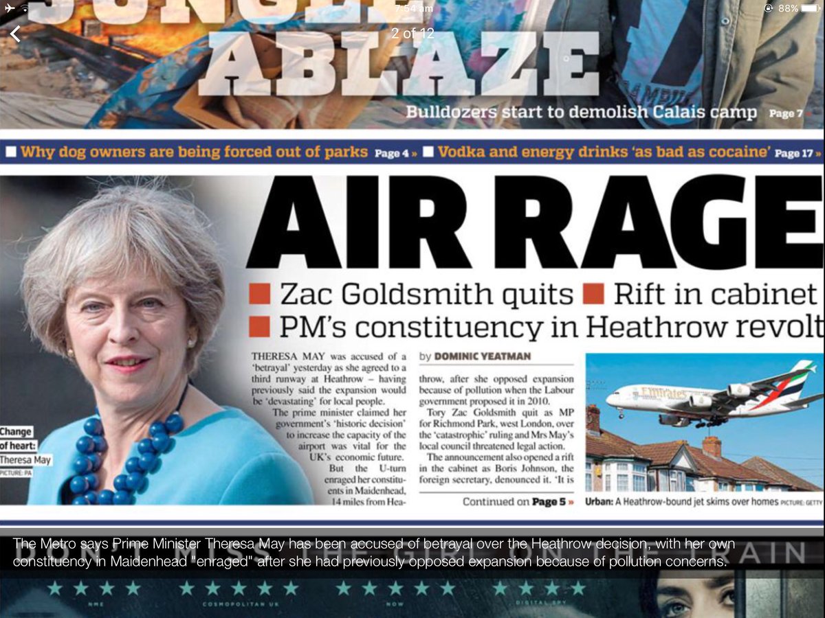 CleanAirLondon's tweet photo. Heathrow splashes front pages. Say #NoRunway #NoNewRunways HT @BorisJohnson @ZacGoldsmith @JustineGreening @johnmcdonnellMP @CarolineLucas https://t.co/xL0A5udnPs