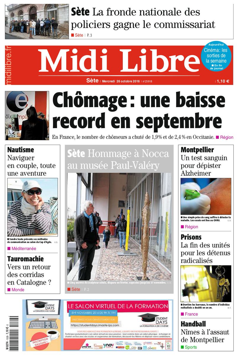 MidiLibreSete's tweet photo. #Sète Bonjour, à la Une de votre quotidien de ce mercredi 26 octobre https://t.co/TWVXOMj2XH