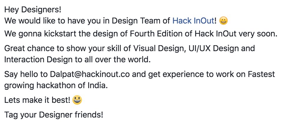 Hello to #Designers! 
Get a chance to be the part of Design Team at @InOut_SVNIT  : Fastest growing hackathon of India.