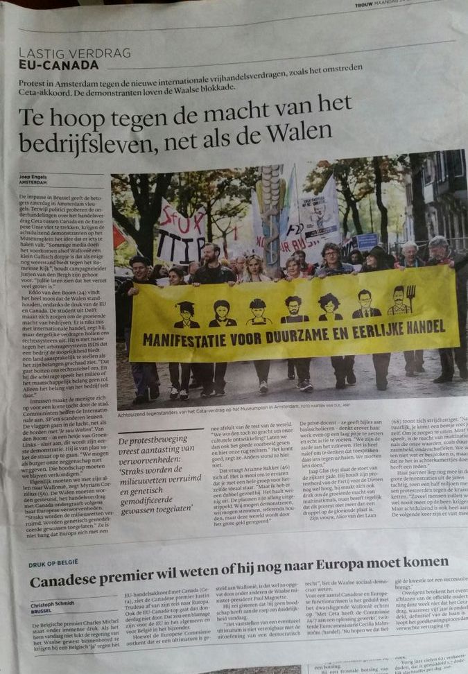 Matthijs85's tweet photo. Artikel over manifestatie voor duurzame en eerlijke handel in Trouw
#stopttipceta #StopCETATTIP #ppnl #stopceta #StopTTIP #ttip #CETA #eu https://t.co/soz8t7BWXi