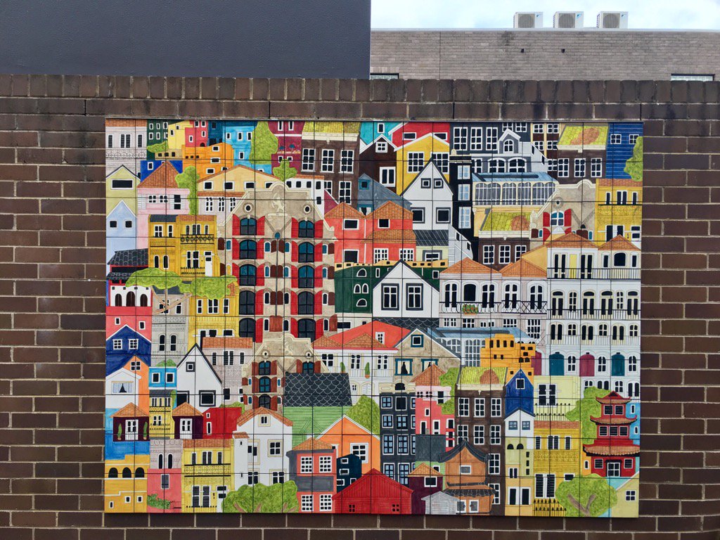 VardasGeorge's tweet photo. Lovely #mural outside #FiveDockLibrary in #Sydney depicting a rich #tapestry and #history of #housing styles https://t.co/73V0FYB8aF