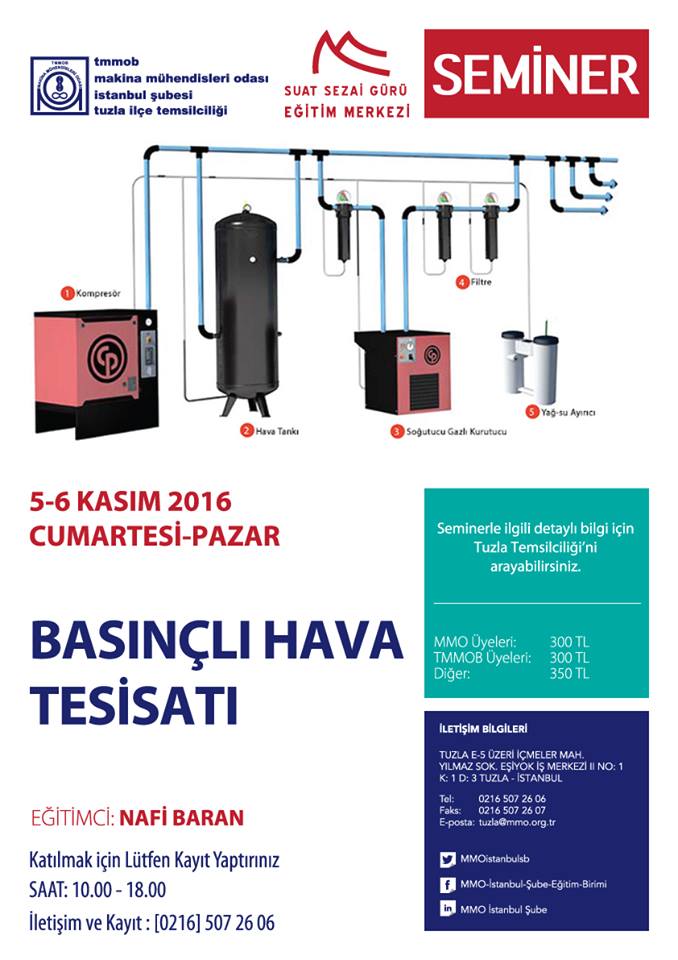 'BASINÇLI HAVA TESİSATI' Seminerimiz 5-6.11.2016 Cumartesi-Pazar günü <a href="/MMOTUZLA/">MMO TUZLATEMSİLCİLİK</a> da yapılacaktır.