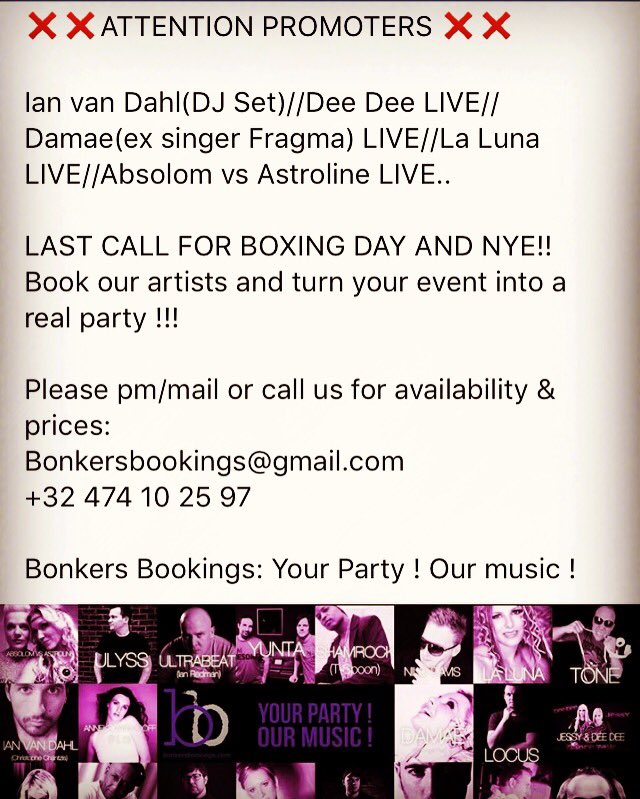 ❌ATTENTION PROMOTERS ❌
Please pm/mail or call us for availability &amp; prices:
Bonkersbookings@gmail.com
+32 474 10 25 97