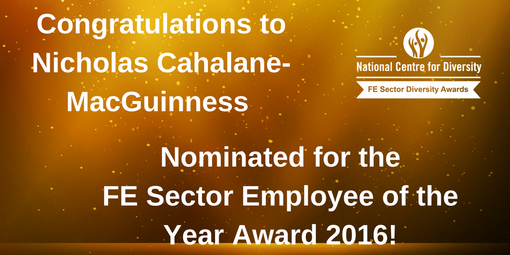 NCFDiversity's tweet photo. Congratulations to Nicholas Cahalane-MacGuinness at @newhamcollege on being nominated for #FE Sector Employee of the Year 2016! #Education https://t.co/R0oazXEKVh