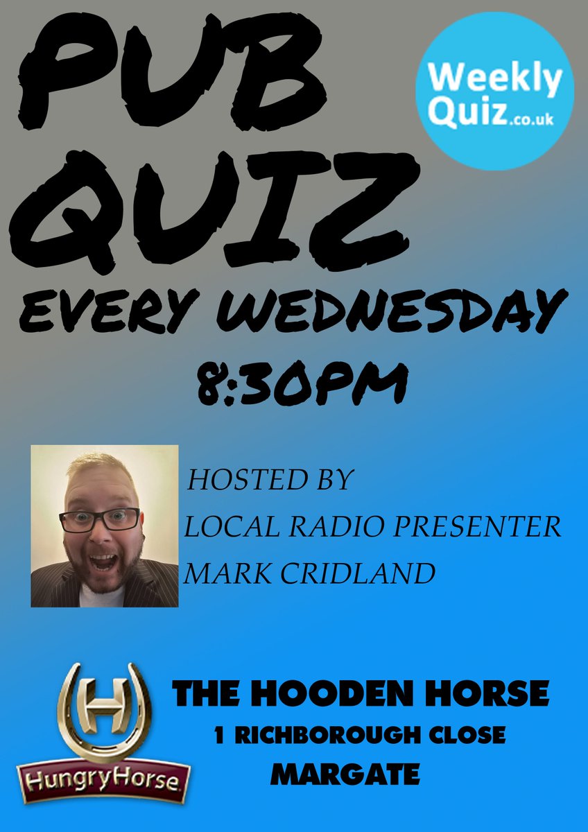 The <a href="/WeeklyQuiz/">Weekly Quiz</a> #PubQuiz at The Hooden Horse HH, #Margate is TONIGHT!
Pop along, grab a #Curry &amp; have some #FUN!
#Quiz #Thanet #Kent #WIN